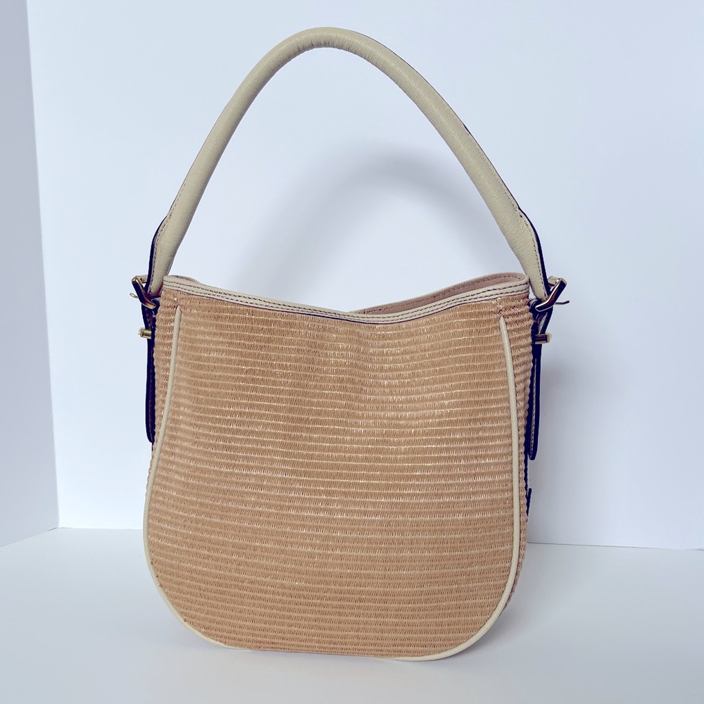 Elegant Tan and Cream Leather & Raffia Women's Bag
